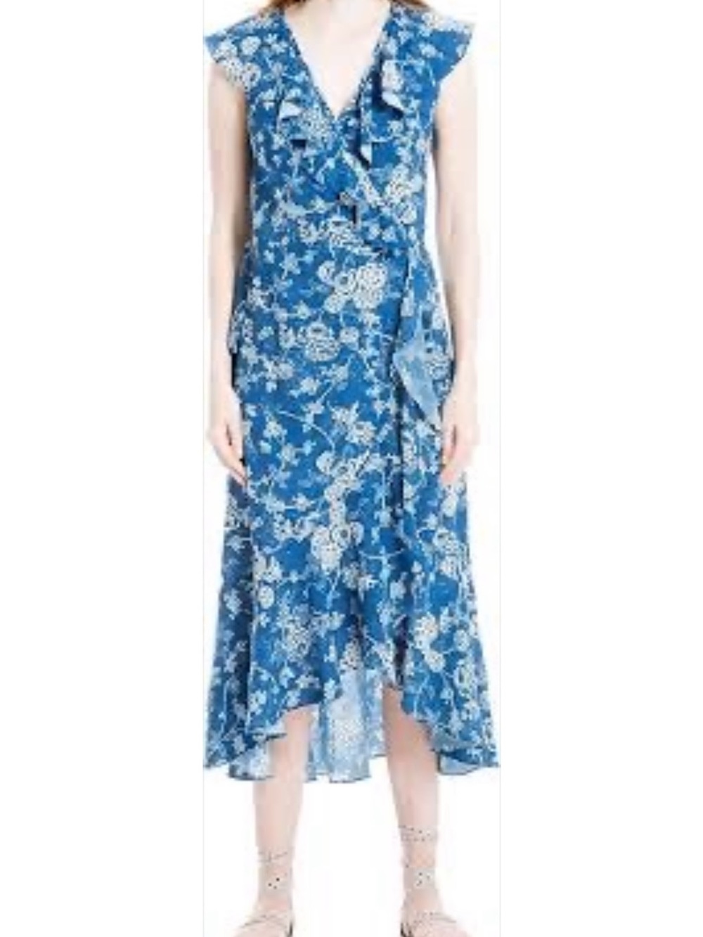 Max Studio Blue Floral Print Ruffle Wrap Dress High Low Midi Flutter Sleeve S